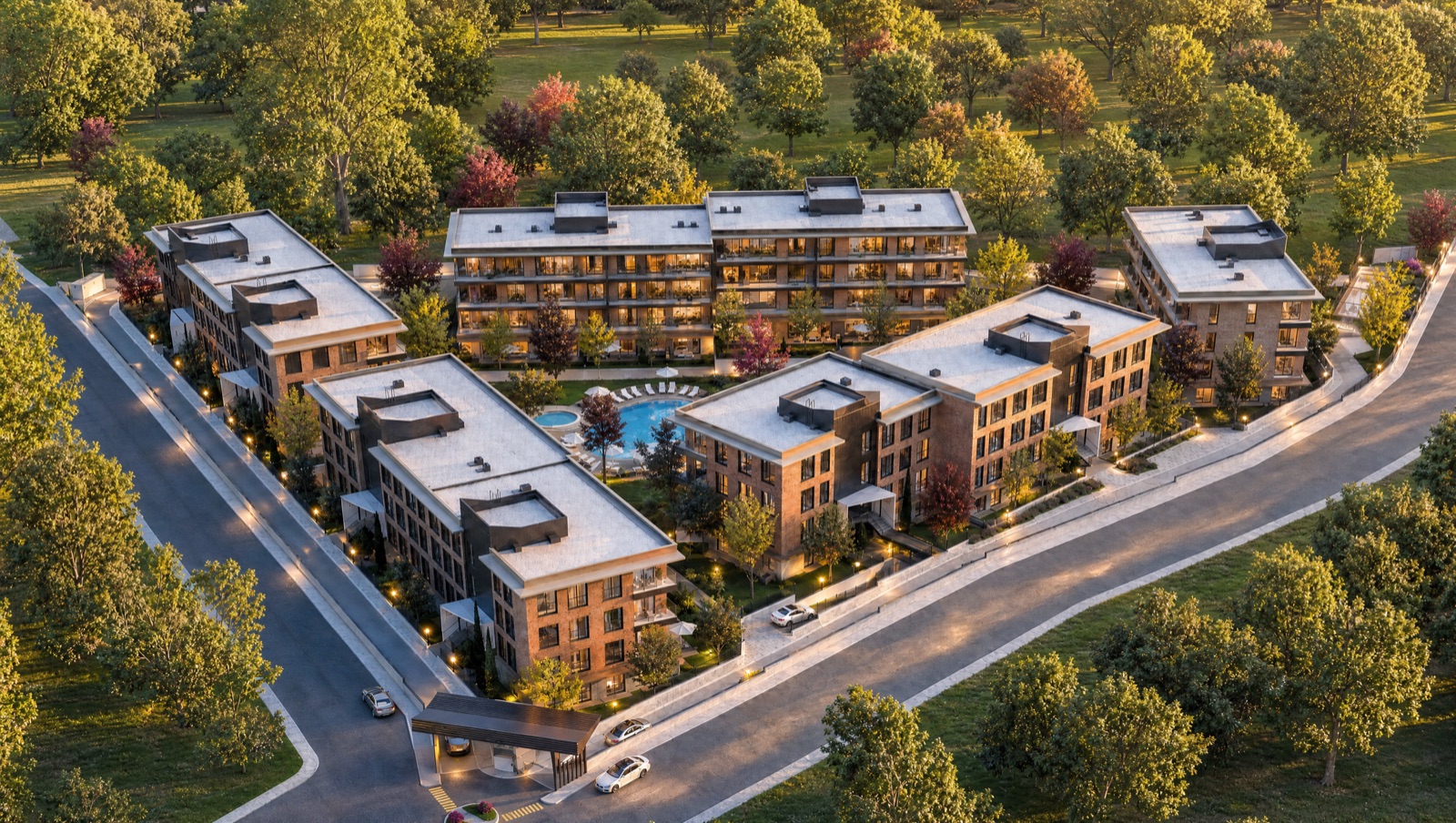 14.300 m² arazi üzerinde 9 bloklu yerleşimin havadan görünümü